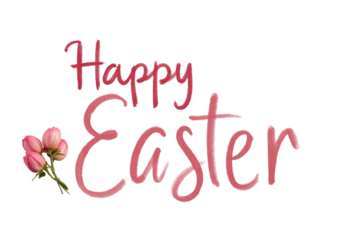 A hand-lettered “Happy Easter” sign in dusty pink with floral accents.
