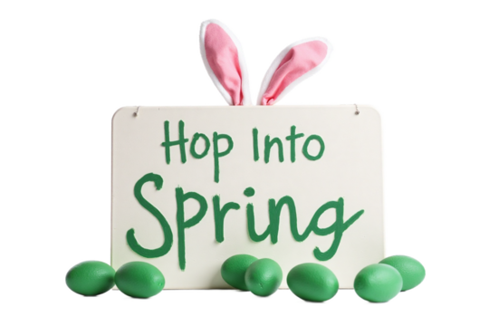 A playful “Hop Into Spring” sign with bunny ears and emerald gem eggs.
