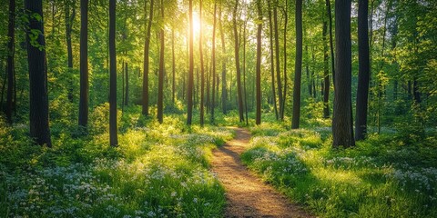 Obraz premium A serene forest path illuminated by sunlight, surrounded by lush greenery and white flowers, evoking peace and natural beauty. Ideal for environmental, travel, or nature-themed projects.