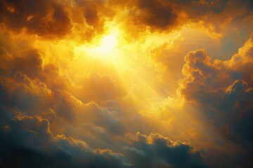 Fototapeta premium The sky is filled with clouds and the sun is shining through them