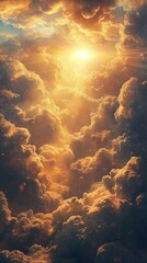 The sky is filled with clouds and the sun is shining through them