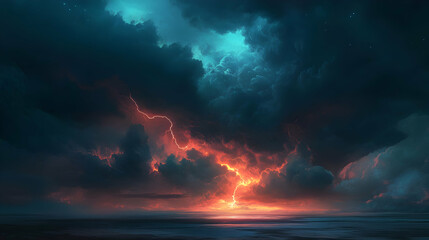 Fototapeta premium Dramatic Thunderstorm Over Calm Ocean at Sunset with Vibrant Colors
