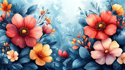 Colorful floral arrangement with vibrant blossoms and lush green leaves in a serene background