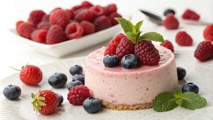 A light pink dessert with raspberry and mint topping surrounded by fresh berries, whipped cream desserts, colorful pastels