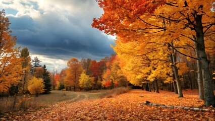 Fototapeta premium This photograph captures a vibrant autumn landscape,