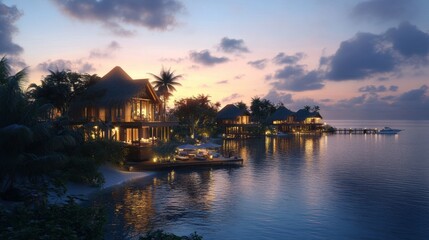 A luxury resort on a tropical island featuring overwater bungalows