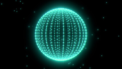 Glowing spherical grid with luminous dots floating in dark space background
