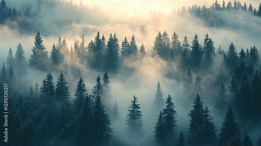 Poster misty morning in a coniferous forest creating an enchanting atmosphere with layers of fog