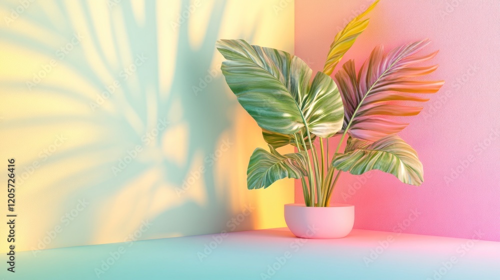 Poster vivid pastel gradients illuminate a plant with a bold and soft transition in a corner setting