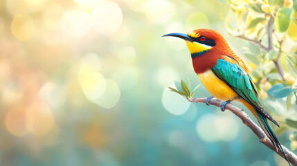 Fototapeta premium Vibrant Colorful Bird Perched on Branch in Soft Blurred Background