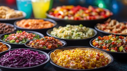 Obraz premium Vibrant Fiesta Table with Fresh Traditional Mexican Feast, Fresh Tacos, Salsa and Chips, Cinco De Mayo, and Refreshing Drinks in a Festive Outdoor Setting