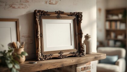 Ornate Antique Frame Mockup on Rustic Mantelpiece in Cozy Living Room Setting