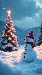 Fototapeta premium Snowy landscape with a large snowman and a Christmas tree in the background, serene background, peaceful scene