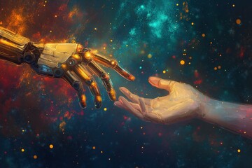 A hand and a robot hand are touching each other in a colorful space