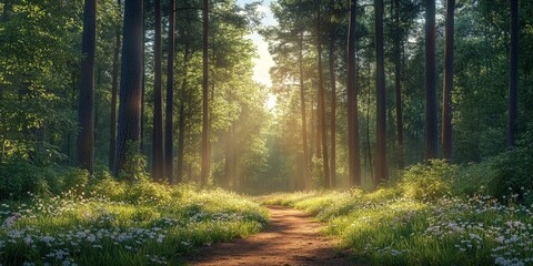 Naklejka premium A serene forest path illuminated by sunlight, surrounded by lush greenery and white flowers, evoking peace and natural beauty. Ideal for environmental, travel, or nature-themed projects.