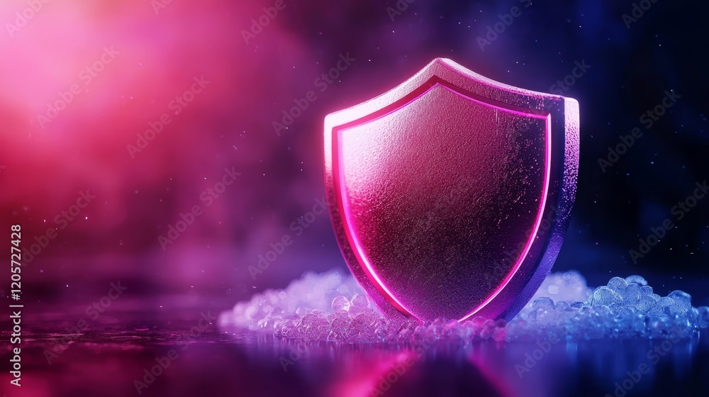 Poster a glowing shield icon surrounded by soft light and bubbles, symbolizing protection and security in a