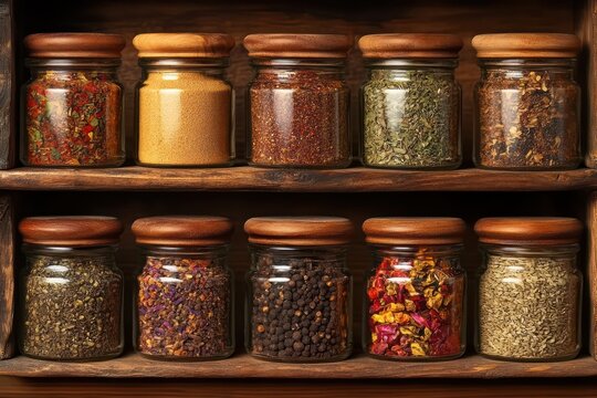 Spice and Herb Blend Jars - Small jars of custom spice and herb blends arranged on a wooden shelf.
