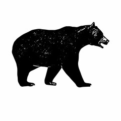 A black-and-white vector of a bear walking with its body slightly hunched, showcasing natural fur textures and movement.