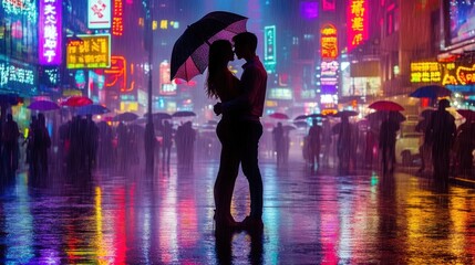 Fototapeta premium Two lovers embracing under neon signs in a futuristic cityscape, with rain-soaked streets reflecting vibrant colors, in a 16:9 aspect ratio