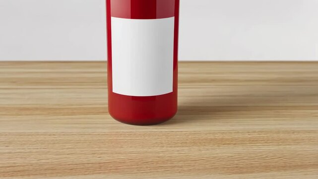 Red condiment bottle on wooden table with blank label