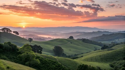 This photograph captures a serene landscape at sunrise or sunset