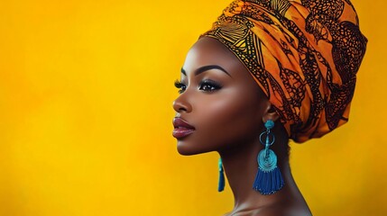 Naklejka premium A photorealistic portrait of a young woman in a colorful headwrap and earrings, perfect for cultural events, fashion promotions, or celebrating African heritage.