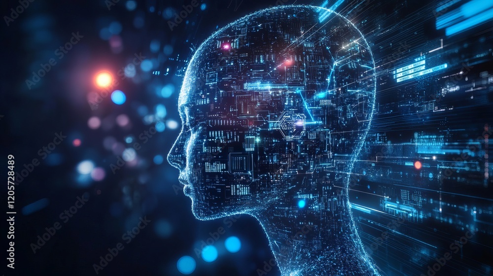 Poster abstract futuristic ai head with data network background