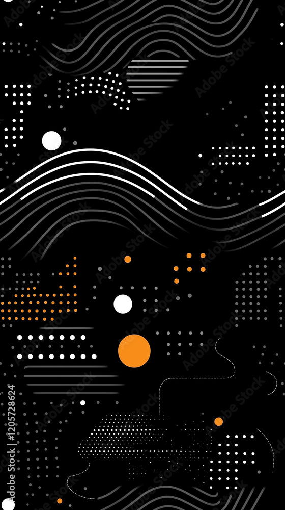 Poster seamless abstract black and orange wave pattern with geometric shapes and dots for modern background