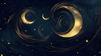 Golden Crescent Moons  Stars Night Sky Abstract Art