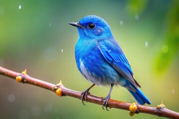 Fototapeta premium A periwinkle blue bird sitting on a branch with small droplets of dew dripping from its feathers, branches, bird