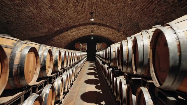 Rows of wooden wine barrels in a dimly lit cella