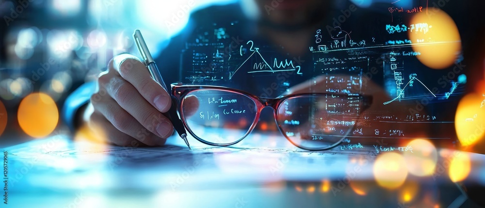 Poster a person writing notes while analyzing data with digital graphs and glasses on a table, surrounded b