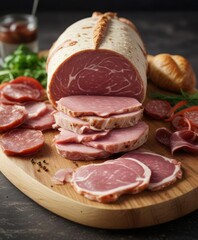 A pig cut in half with a ham salami sausage and prosciutto board on top , charcuterie, puzzle pig