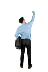 Rear View of Confident Businessman Raising Arm in Victory Pose