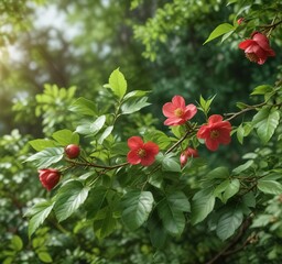 Obraz premium Close-up of vibrant wild rose hip branch against lush green leaves backdrop, beauty, wildflowers, thorns, red berries