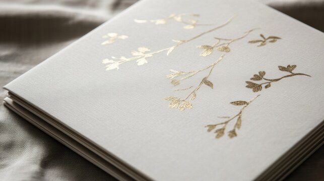Elegant wedding invitation featuring delicate gold foil botanical accents and modern serif font