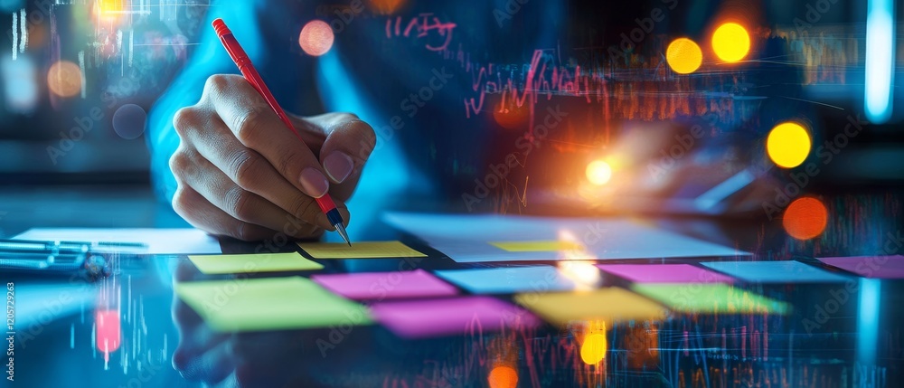 Poster a person writes on colorful sticky notes while using a digital device, surrounded by glowing lights 