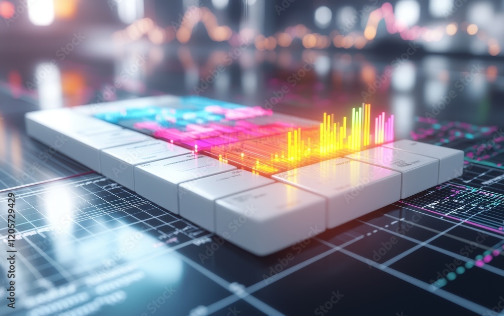 Poster a colorful digital sound wave visualization on a sleek keyboard, symbolizing music production and au