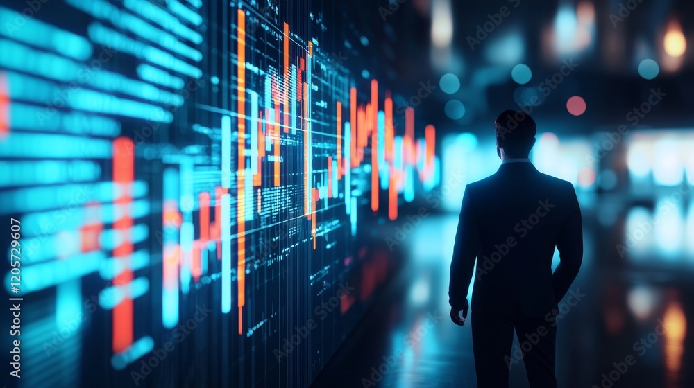 Poster a professional figure stands in front of a digital display filled with colorful data visualizations 