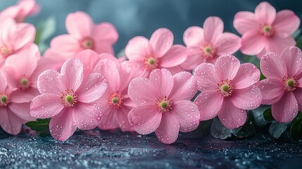 Fototapeta premium Delicate pink flowers with raindrops resting on a soft surface create a serene atmosphere in nature