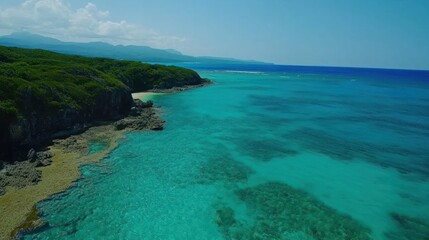 Obraz premium Turquoise waters meet lush green hills along a rocky coastline on a sunny day