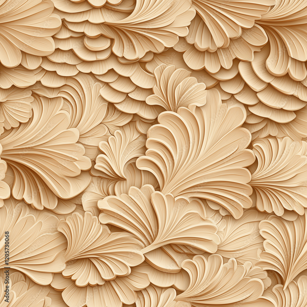 Poster seamless elegant textured wallpaper design featuring intricate patterns of curvy leaves in soft beig