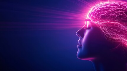 Obraz premium A glowing brain silhouette emits vibrant energy, symbolizing creativity, thought, and the power of the mind against a dark background.