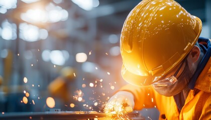 A worker in safety gear welds metal, creating sparks in a bright industrial setting, emphasizing craftsmanship and safety.