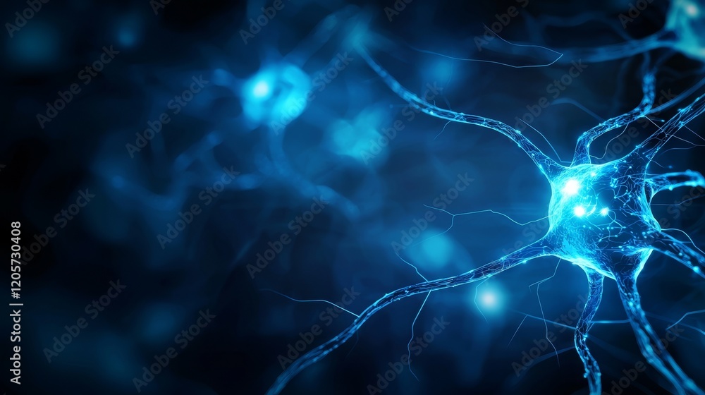 Poster a vibrant blue depiction of neurons interconnecting, illustrating the complexity of brain activity a