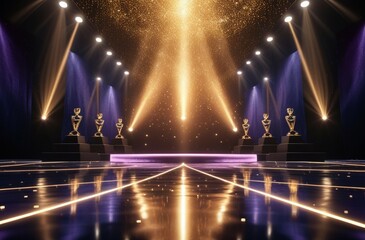 Cinematic stage spotlights, golden particle atmosphere, dramatic upward beams, glowing floor reflection, starry lighting effect, dark luxury backdrop, premium awards ceremony scene