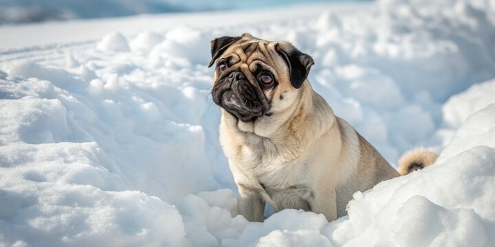 A pug sits on its haunches in the center of a large snowdrift with its ears perked up and eyes shining bright, winter, serene, sitting, dog, nature