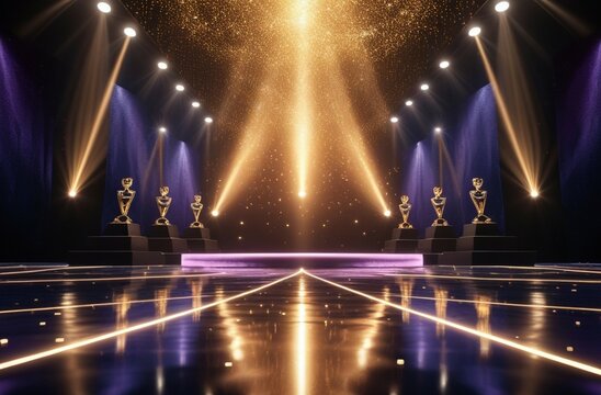 Cinematic stage spotlights, golden particle atmosphere, dramatic upward beams, glowing floor reflection, starry lighting effect, dark luxury backdrop, premium awards ceremony scene