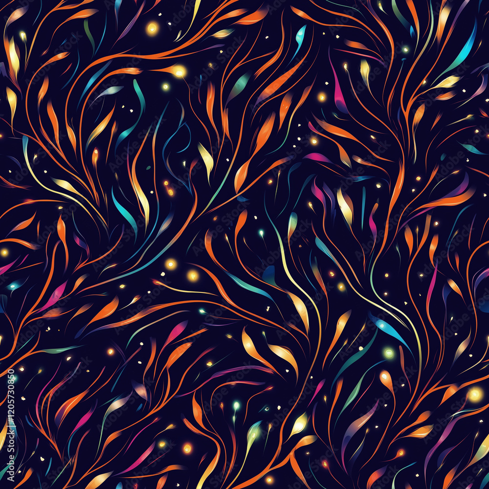 Poster seamless vibrant abstract flora pattern with colorful leaves and ethereal glow on dark background fo