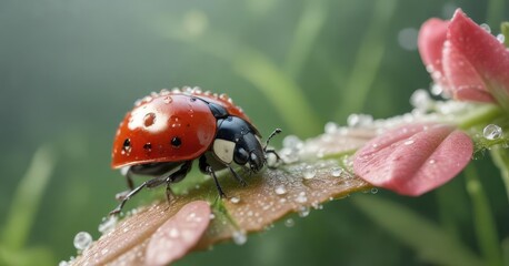Obraz premium A red ladybug perched on a small, delicate flower with dew drops glistening on its petals, nature, dew drops